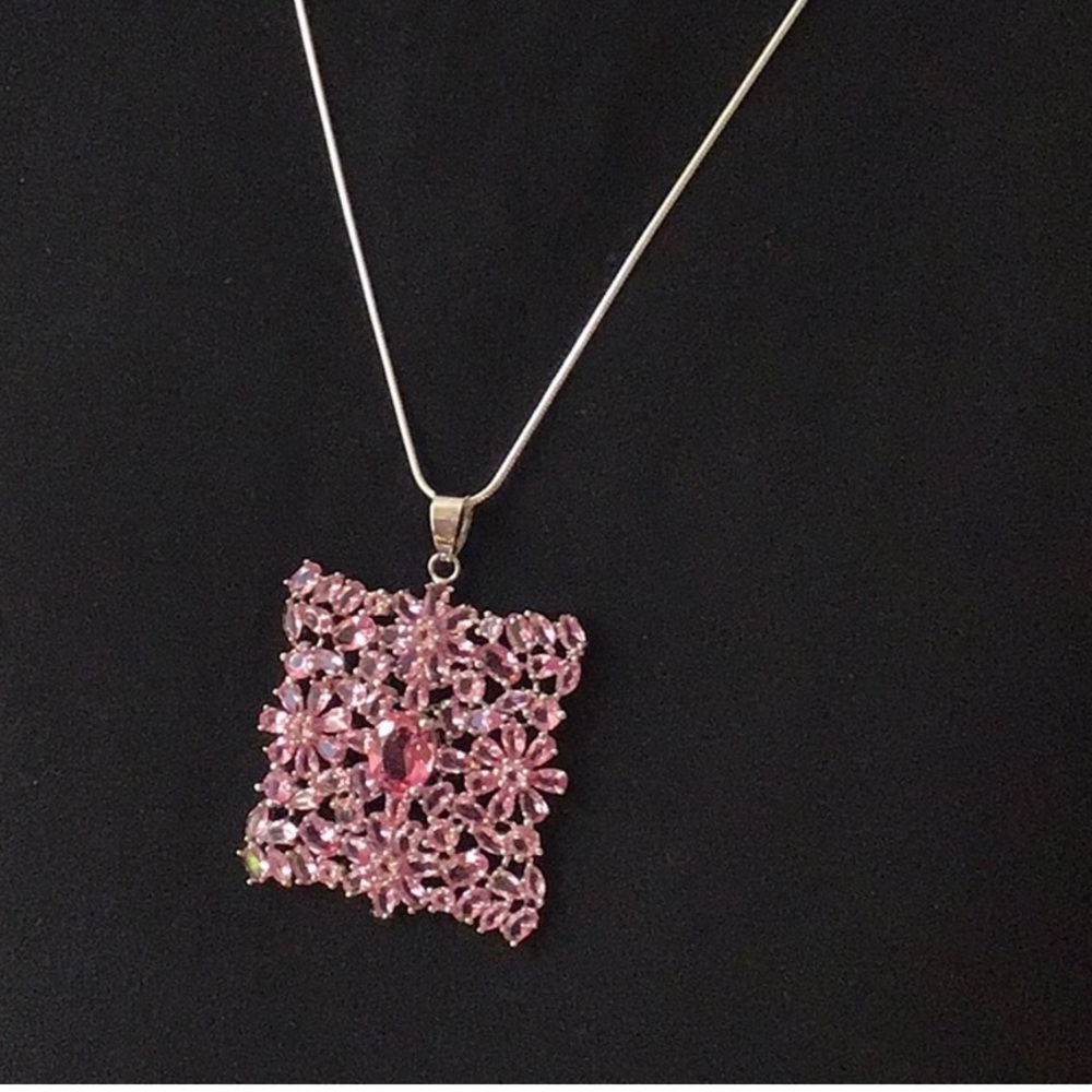 Sterling Silver Pink Turmaline Pendant Necklace Square Flower 18” Chain